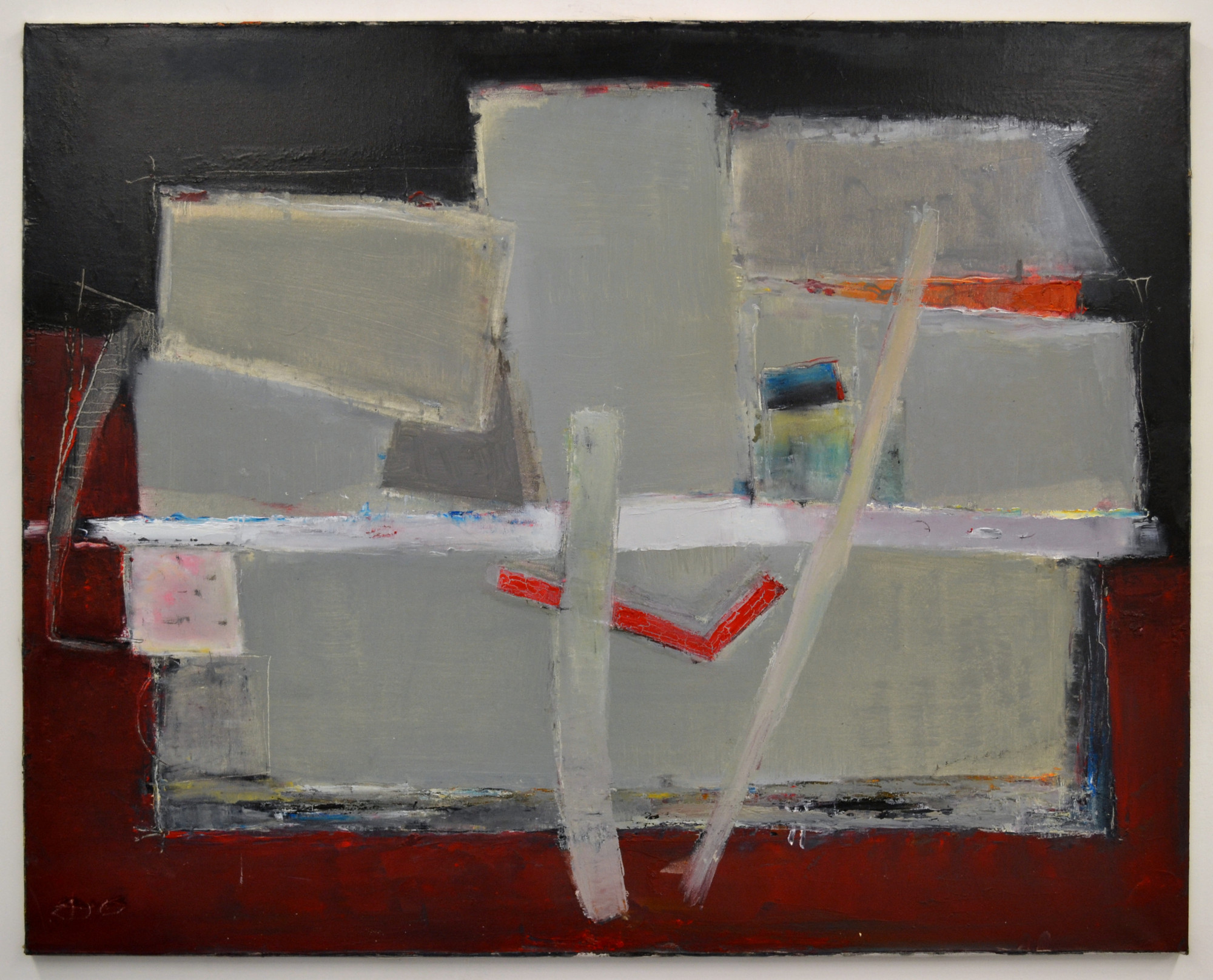 Grey overlapping planes and pale vertical strokes in a dark abstract painting with deep red edges.